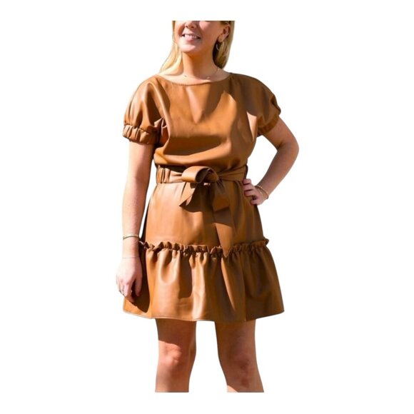 INCLAN STUDIO Millie Faux Leather Mini Dress Medium TAN BROWN Butterscotch NWOT - Picture 1 of 9